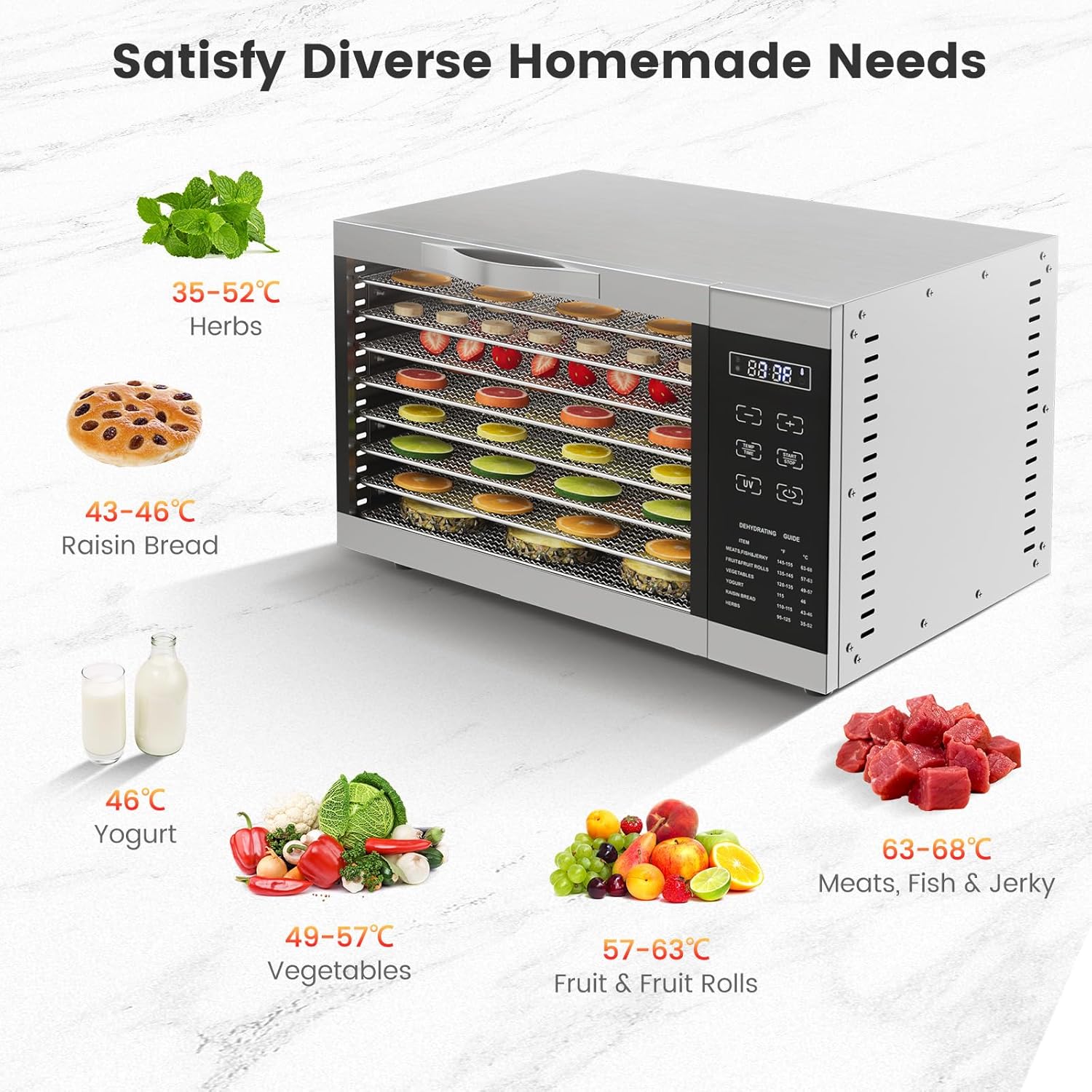 RELAX4LIFE Dörrautomat Edelstahl, Dörrgerät Temperatur einstellbar 30-70℃, Food Dehydrator inkl. 8 Edelstahl-Dörrtabletts, Touch-Display, 24 Std, für Lebensmittel Fleisch Früchte Gemüsek