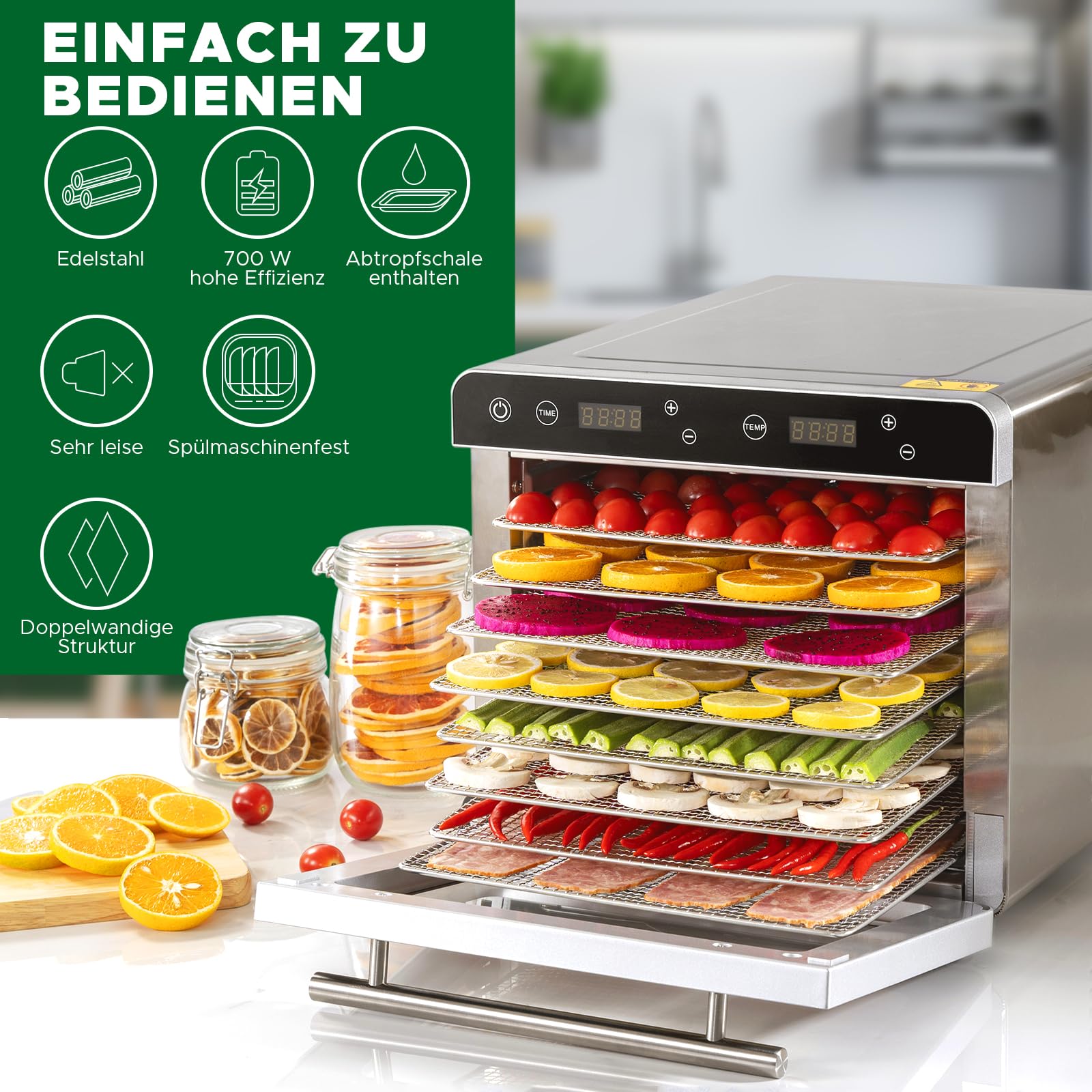 Kwasyo Dörrautomat Edelstahl Trockenkapazität 3,8 kg Rindfleisch, 0,67 m² Trockenfläche, 8 Edelstahl-Dörrtabletts (28x30 cm), 35-85°C Dörrgerät für Hundeleckerlis, Kräuter, Fleisch, Obst, Joghurtk