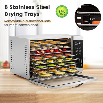 RELAX4LIFE Dörrautomat Edelstahl, Dörrgerät Temperatur einstellbar 30-70℃, Food Dehydrator inkl. 8 Edelstahl-Dörrtabletts, Touch-Display, 24 Std, für Lebensmittel Fleisch Früchte Gemüsek