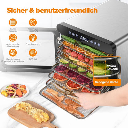 YASHE Stainless Steel Dehydrator with Digital Control (Temperature up to 75°C, Timer up to 48 Hours), 9 Trays Dehydrator for Fruit and Vegetables, Rear Fan for 360° Air Circulation, 800 Wk