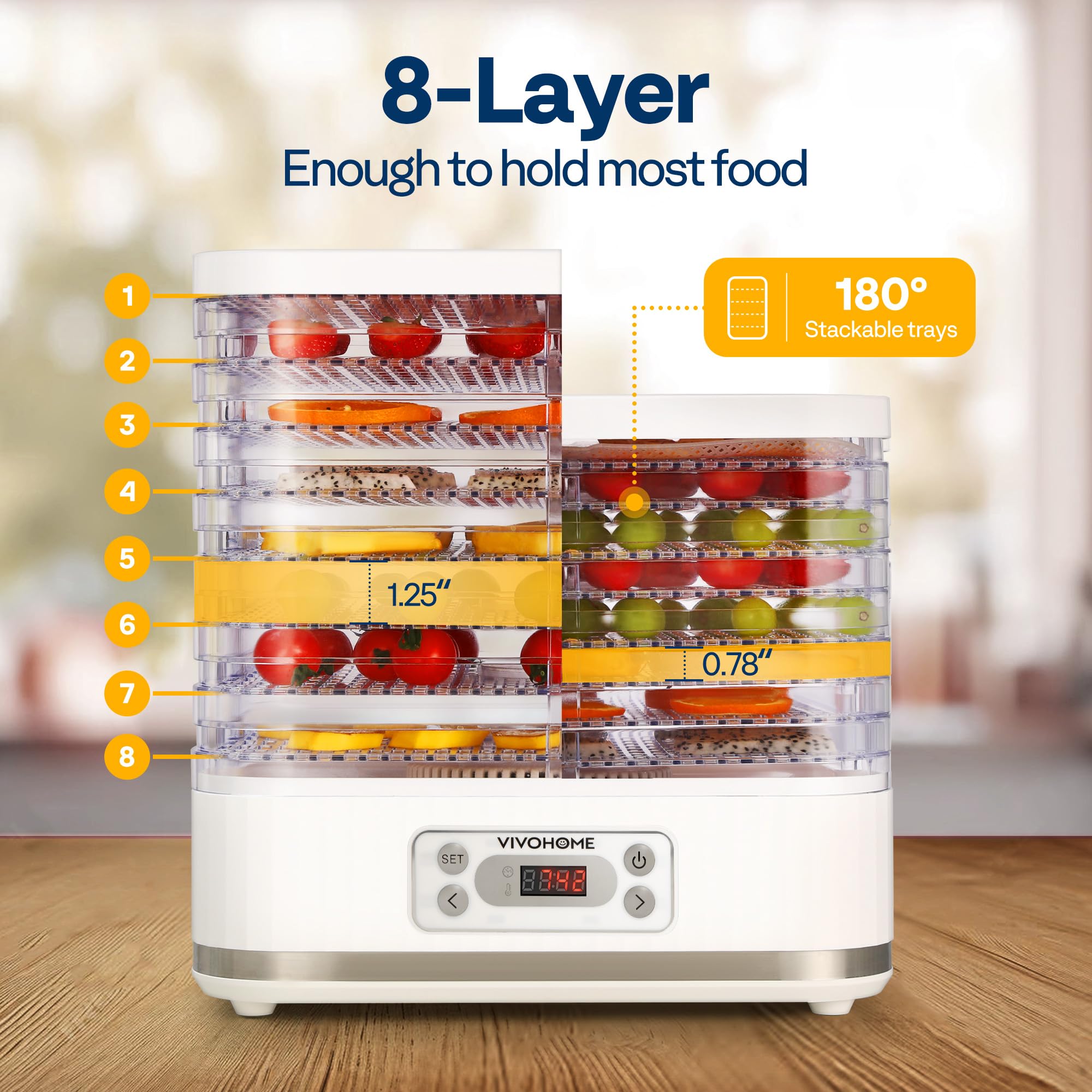VIVOHOME Dörrautomat mit 8 Einlegefächern 400W BPA frei Dörrgerät mit Temperaturregler von 35°C bis 70°C inkl.72H Timer und Rezept für Fleisch,Obst,Haustier-Leckereienek