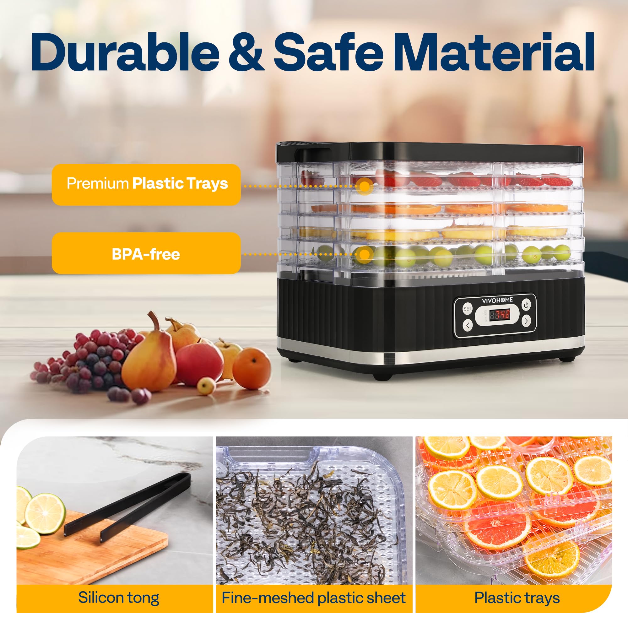 VIVOHOME Dörrautomat mit 8 Einlegefächern 400W BPA frei Dörrgerät mit Temperaturregler von 35°C bis 70°C inkl.72H Timer und Rezept für Fleisch,Obst,Haustier-Leckereienek
