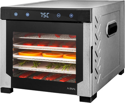 A-rival Dehydrator, Stainless Steel Dehydrator, Touch Control, Professional Dehydrator Stainless Steel, 24 Hour Timer, 6 Drying Trays + 3 Drying Mats, BPA-Free, 35 °C to 75 °C, Quiet Operation, 360°k