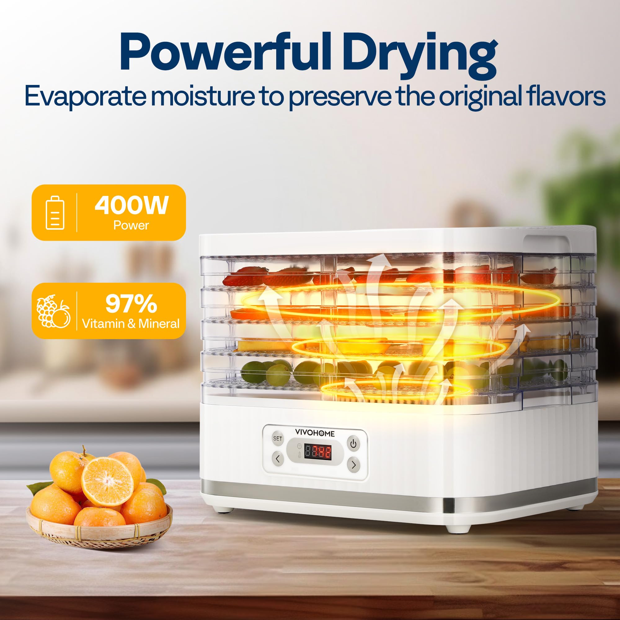 VIVOHOME Dörrautomat mit 8 Einlegefächern 400W BPA frei Dörrgerät mit Temperaturregler von 35°C bis 70°C inkl.72H Timer und Rezept für Fleisch,Obst,Haustier-Leckereienek