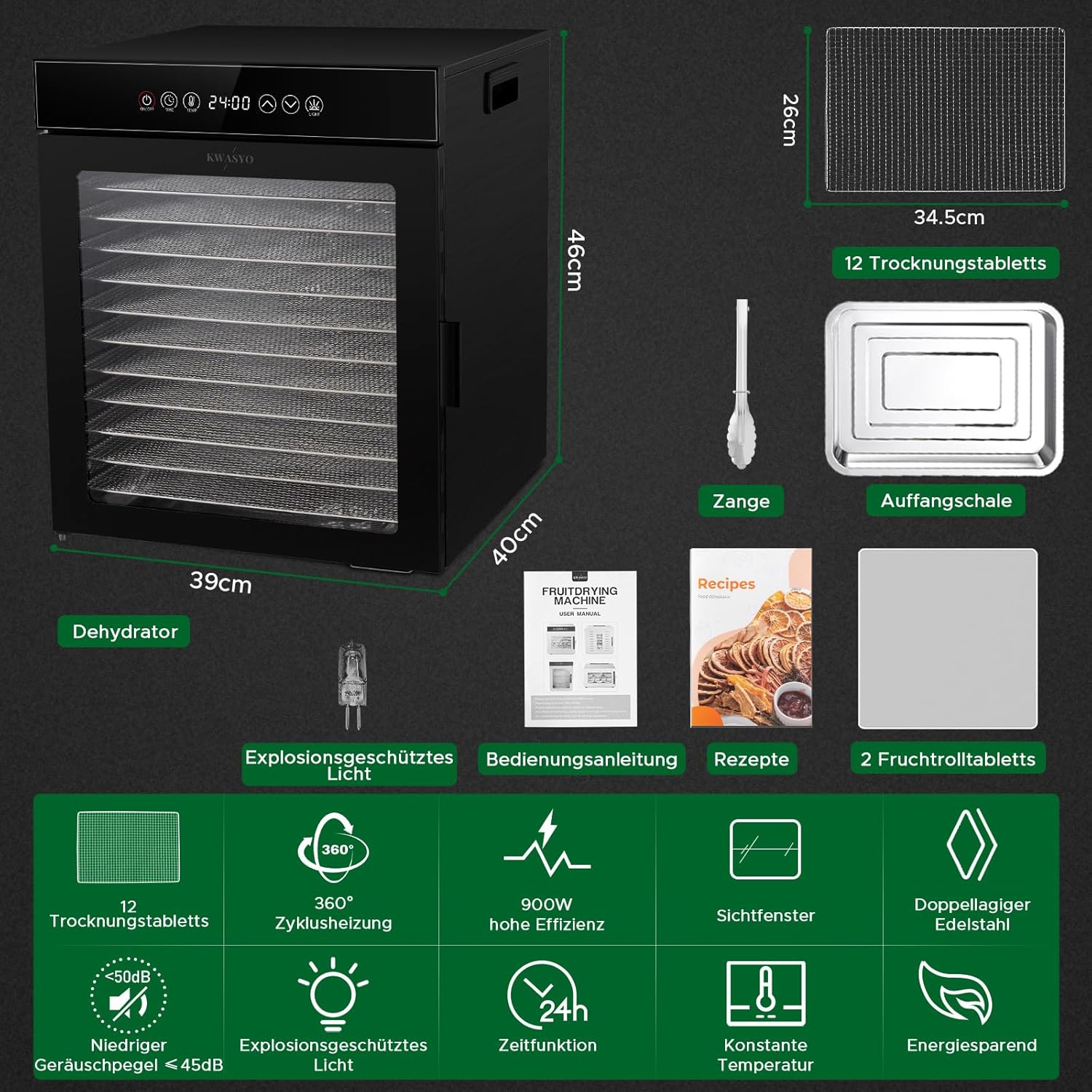 Kwasyo Dörrautomat Edelstahl, Dörrgerät 12 Etagen Ganz in Schwarz, 30-90℃ Temperaturregelung, 24 Stunden Timer, Rezeptheft für Fleisch Obst Gemüse Kräuter, 1000W, LT-09k