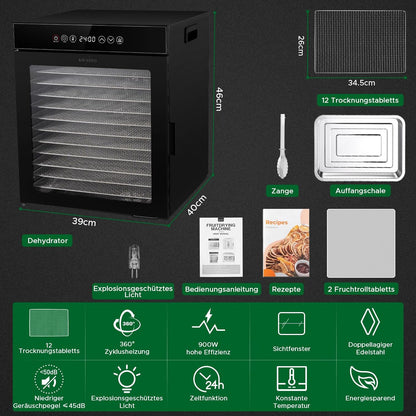 Kwasyo Dörrautomat Edelstahl, Dörrgerät 12 Etagen Ganz in Schwarz, 30-90℃ Temperaturregelung, 24 Stunden Timer, Rezeptheft für Fleisch Obst Gemüse Kräuter, 1000W, LT-09k
