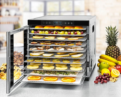 ROMMELSBACHER Dörrautomat DA 1000, XXL-Dörrfläche 1,6 m², inkl. 10 Edelstahl-Dörrtabletts, 2 Dörrgitter, 2 Dörrmatten, LED-Display, 24 Std. Zeitschaltuhr, Temperatur einstellbar (35 °C – 75 °C)k