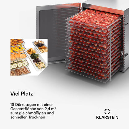 Klarstein Dörrgerät, Dörrautomat für Gemüse, Obst, Pilze & Fleisch, 1500W Edelstahl-Dörrautomat, Trockenautomat mit 16 Metallgitter, Dörrgerät mit 24H Timer & Touch-Display, Food Dehydratork