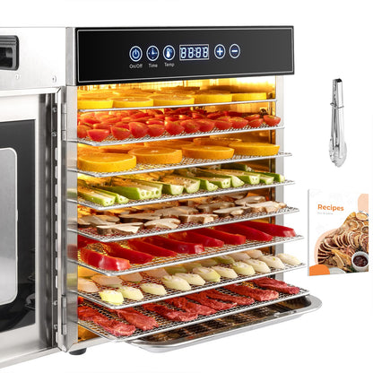 Kwasyo Dörrautomat Edelstahl DA 1000, XXL-Dörrfläche 1,8 m², Dörrgerät Temperatur einstellbar 30-90℃, LED-Display, 24 Std, BPA-frei, mit Rezeptheft, 10 Edelstahl-Dörrtablettsk