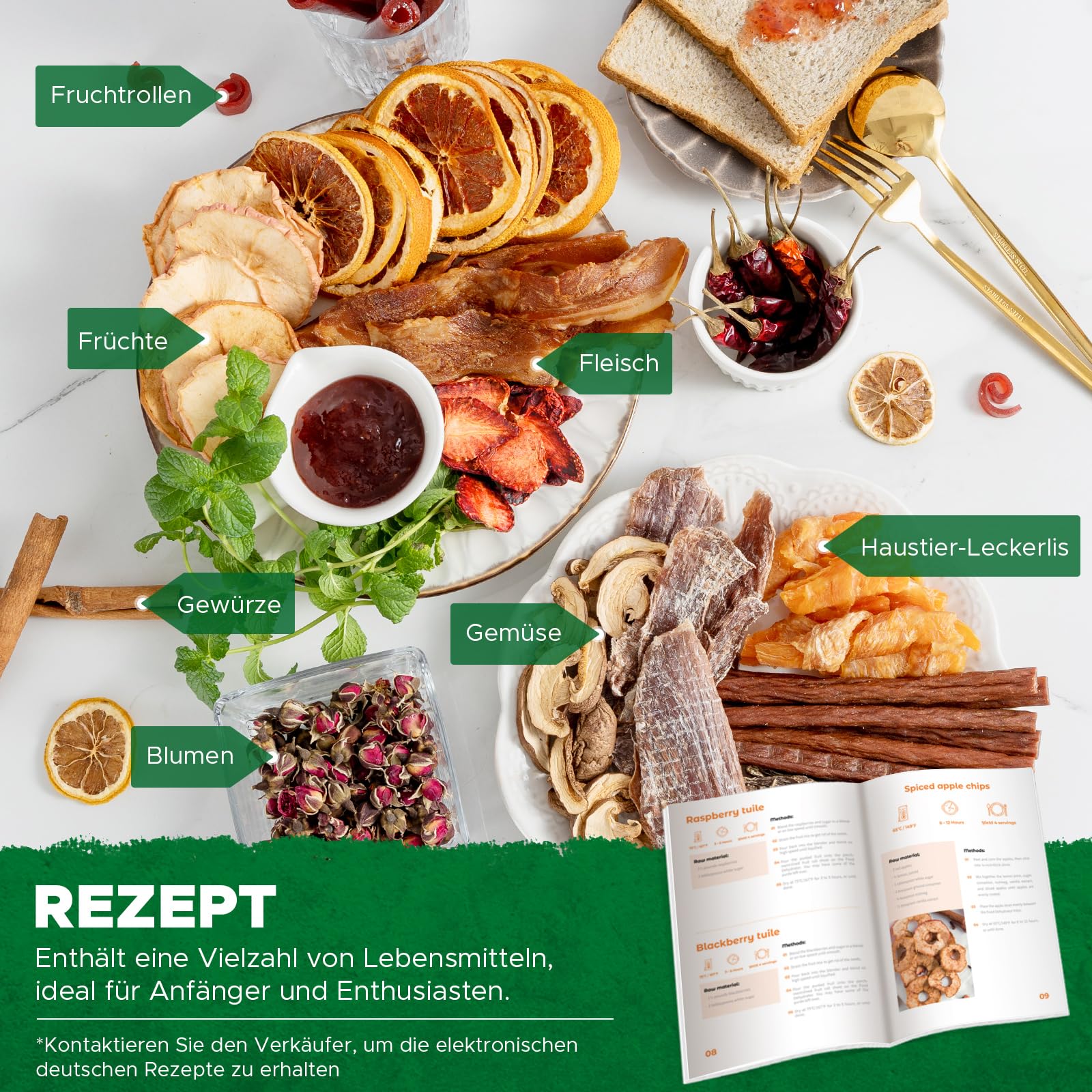 Kwasyo Dörrautomat Edelstahl DA 1000, XXL-Dörrfläche 1,8 m², Dörrgerät Temperatur einstellbar 30-90℃, LED-Display, 24 Std, BPA-frei, mit Rezeptheft, 10 Edelstahl-Dörrtablettsk