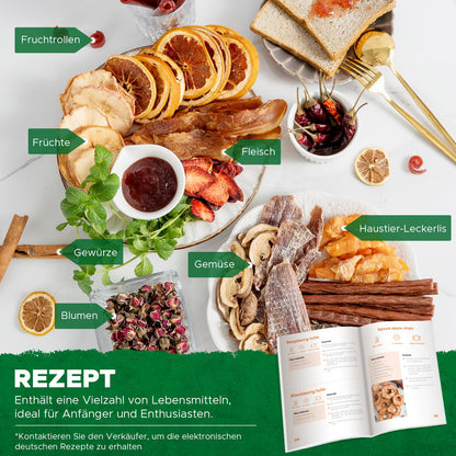 Kwasyo Dörrautomat Edelstahl DA 1000, XXL-Dörrfläche 1,8 m², Dörrgerät Temperatur einstellbar 30-90℃, LED-Display, 24 Std, BPA-frei, mit Rezeptheft, 10 Edelstahl-Dörrtablettsk