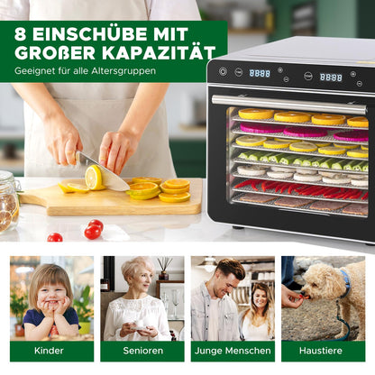 Kwasyo Dörrautomat Edelstahl Trockenkapazität 3,8 kg Rindfleisch, 0,67 m² Trockenfläche, 8 Edelstahl-Dörrtabletts (28x30 cm), 35-85°C Dörrgerät für Hundeleckerlis, Kräuter, Fleisch, Obst, Joghurtk