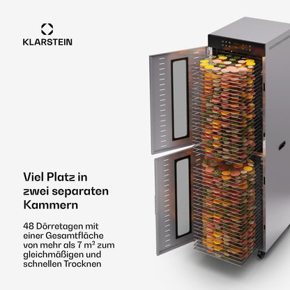 Klarstein Dörrautomat Edelstahl – 4.000-W-Dörrgerät, 48 Edelstahl-Einlegeböden, 30–90 °C, 24-Stunden-Timer, 6 Ventilatoren, 2 Trockenkammern, 50–55 dB, ideal für Obst, Gemüse, Fleisch, Kräuter, Silberk