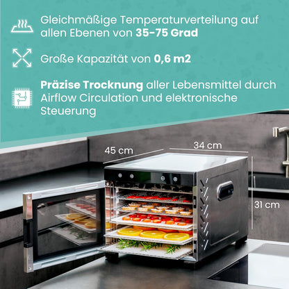 A-rival Dehydrator, Stainless Steel Dehydrator, Touch Control, Professional Dehydrator Stainless Steel, 24 Hour Timer, 6 Drying Trays + 3 Drying Mats, BPA-Free, 35 °C to 75 °C, Quiet Operation, 360°k