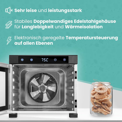 A-rival Dehydrator, Stainless Steel Dehydrator, Touch Control, Professional Dehydrator Stainless Steel, 24 Hour Timer, 6 Drying Trays + 3 Drying Mats, BPA-Free, 35 °C to 75 °C, Quiet Operation, 360°k