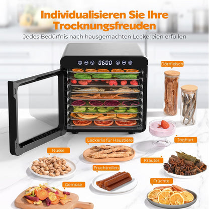 YASHE Stainless Steel Dehydrator with Digital Control (Temperature up to 75°C, Timer up to 48 Hours), 9 Trays Dehydrator for Fruit and Vegetables, Rear Fan for 360° Air Circulation, 800 Wk