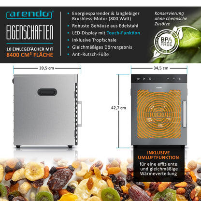 Arendo - Stainless steel dehydrator 8-fold - 500 watts with temperature control - dehydrator for food meat fruits fruit mushrooms - timer up to 24 hours - 8 compartments - GS - dehydratork