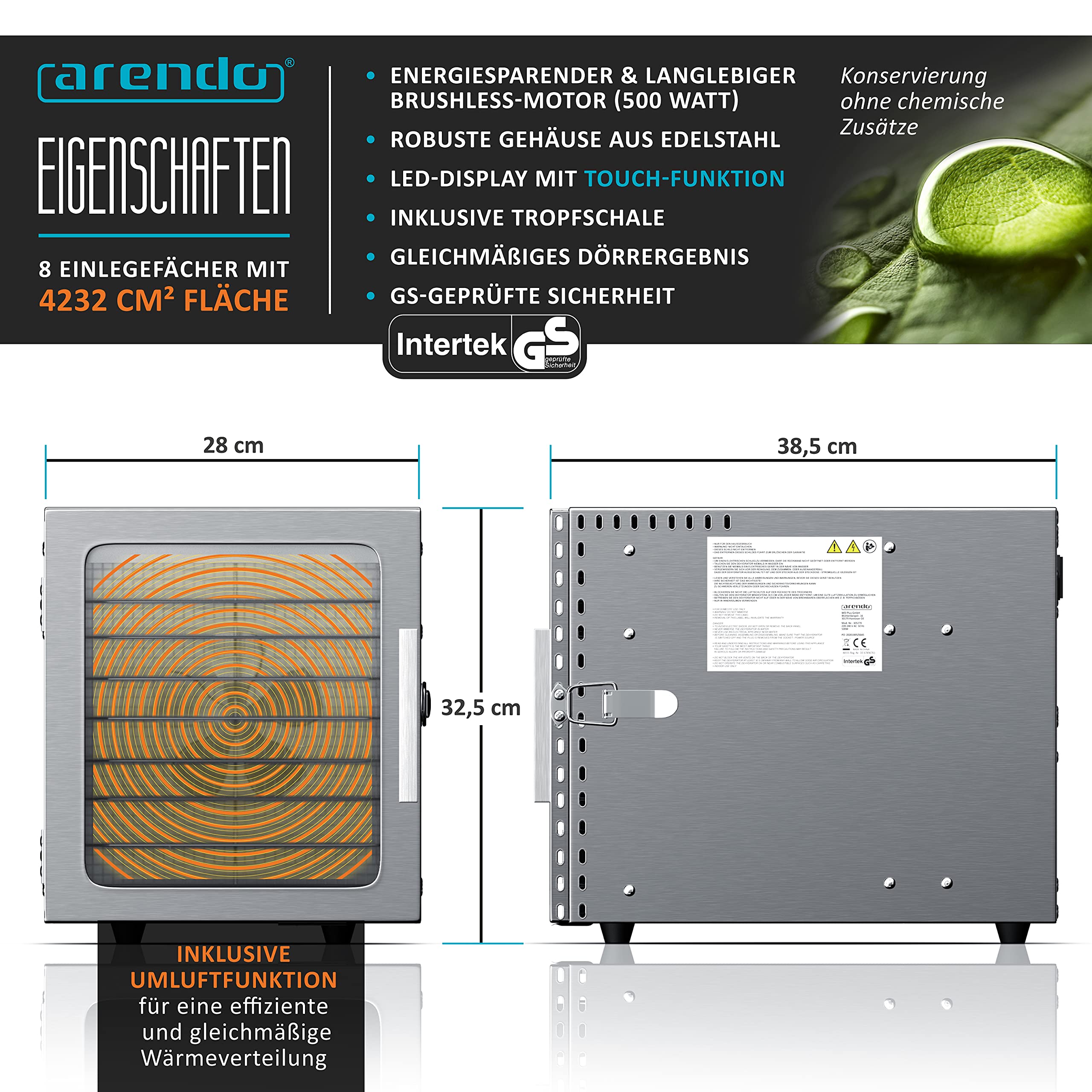 Arendo - Stainless steel dehydrator 8-fold - 500 watts with temperature control - dehydrator for food meat fruits fruit mushrooms - timer up to 24 hours - 8 compartments - GS - dehydratork