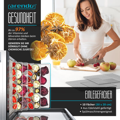 Arendo - Stainless steel dehydrator 8-fold - 500 watts with temperature control - dehydrator for food meat fruits fruit mushrooms - timer up to 24 hours - 8 compartments - GS - dehydratork