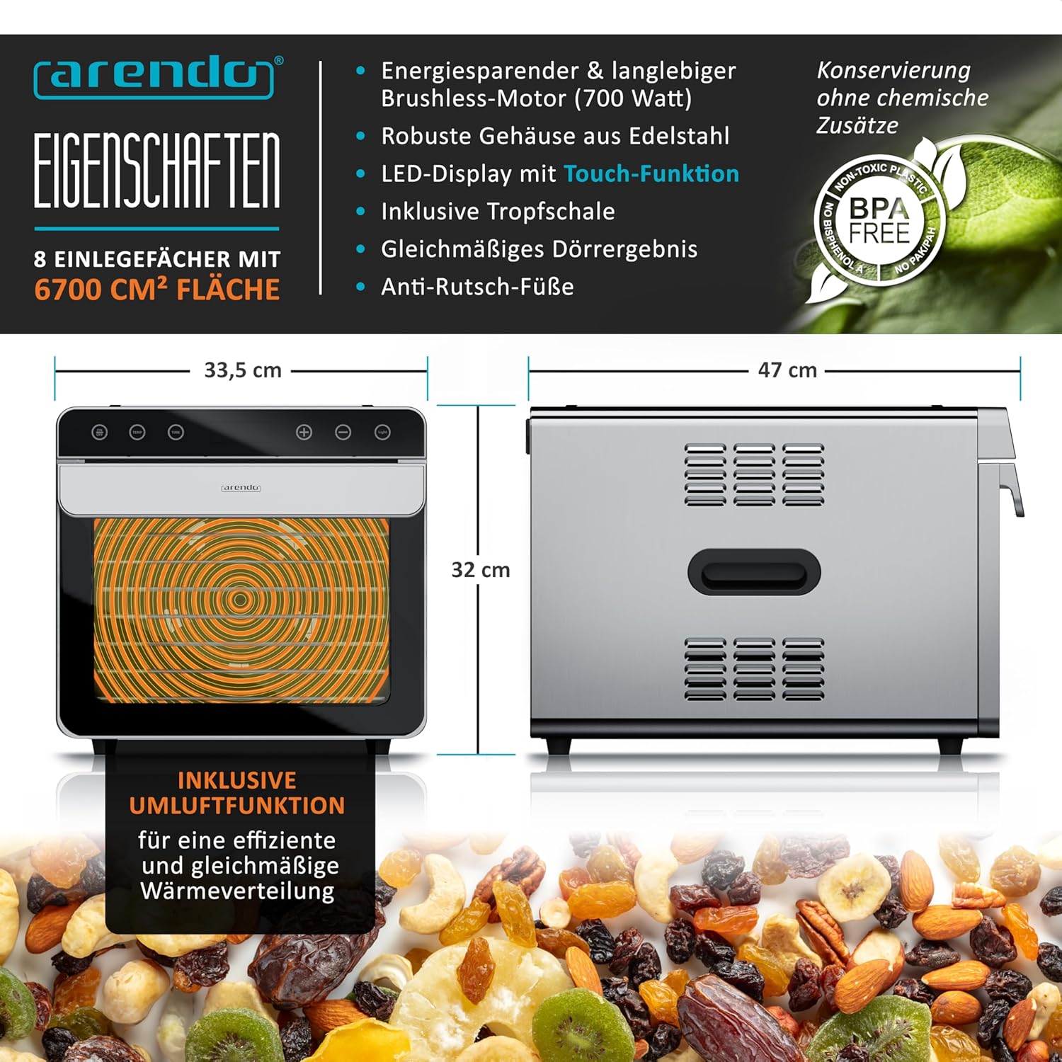 Arendo - Dörrautomat Edelstahl mit 8 Edelstahlgitter - 700 W - 35°-85°C - 8 Edelstahl Einlegetabletts mit insgesamt 6700 cm² - Dörrgerät Dehydrator Obsttrockner Dörrapparat - Obst Fleisch Pilze uvmk