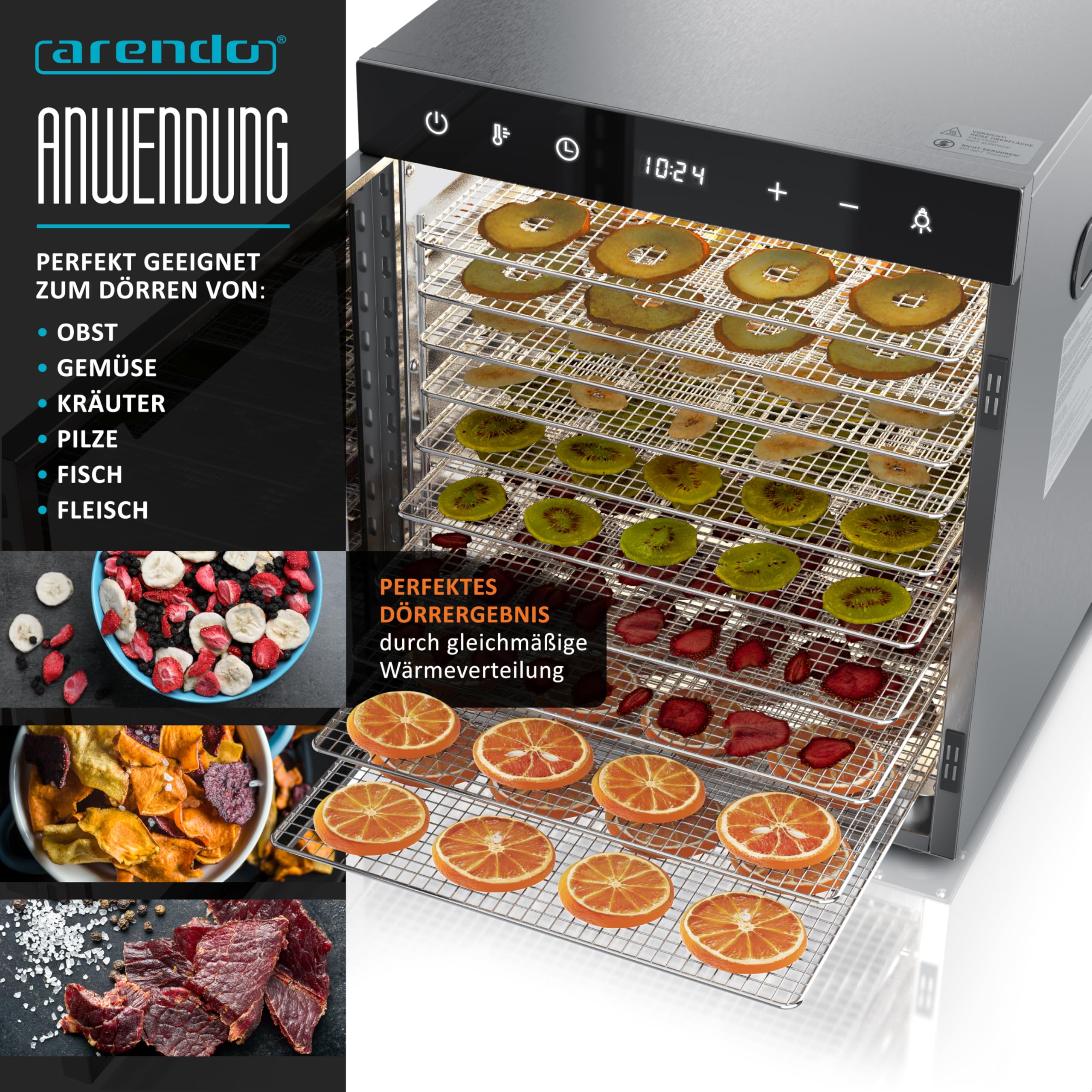 Arendo - Stainless steel dehydrator 8-fold - 500 watts with temperature control - dehydrator for food meat fruits fruit mushrooms - timer up to 24 hours - 8 compartments - GS - dehydratork