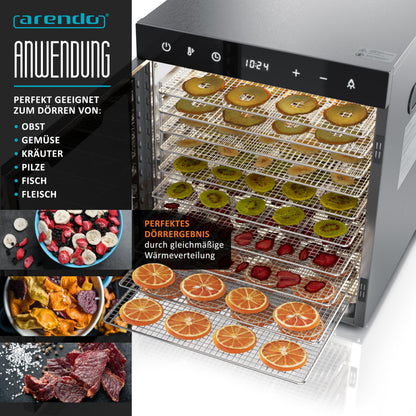 Arendo - Stainless steel dehydrator 8-fold - 500 watts with temperature control - dehydrator for food meat fruits fruit mushrooms - timer up to 24 hours - 8 compartments - GS - dehydratork