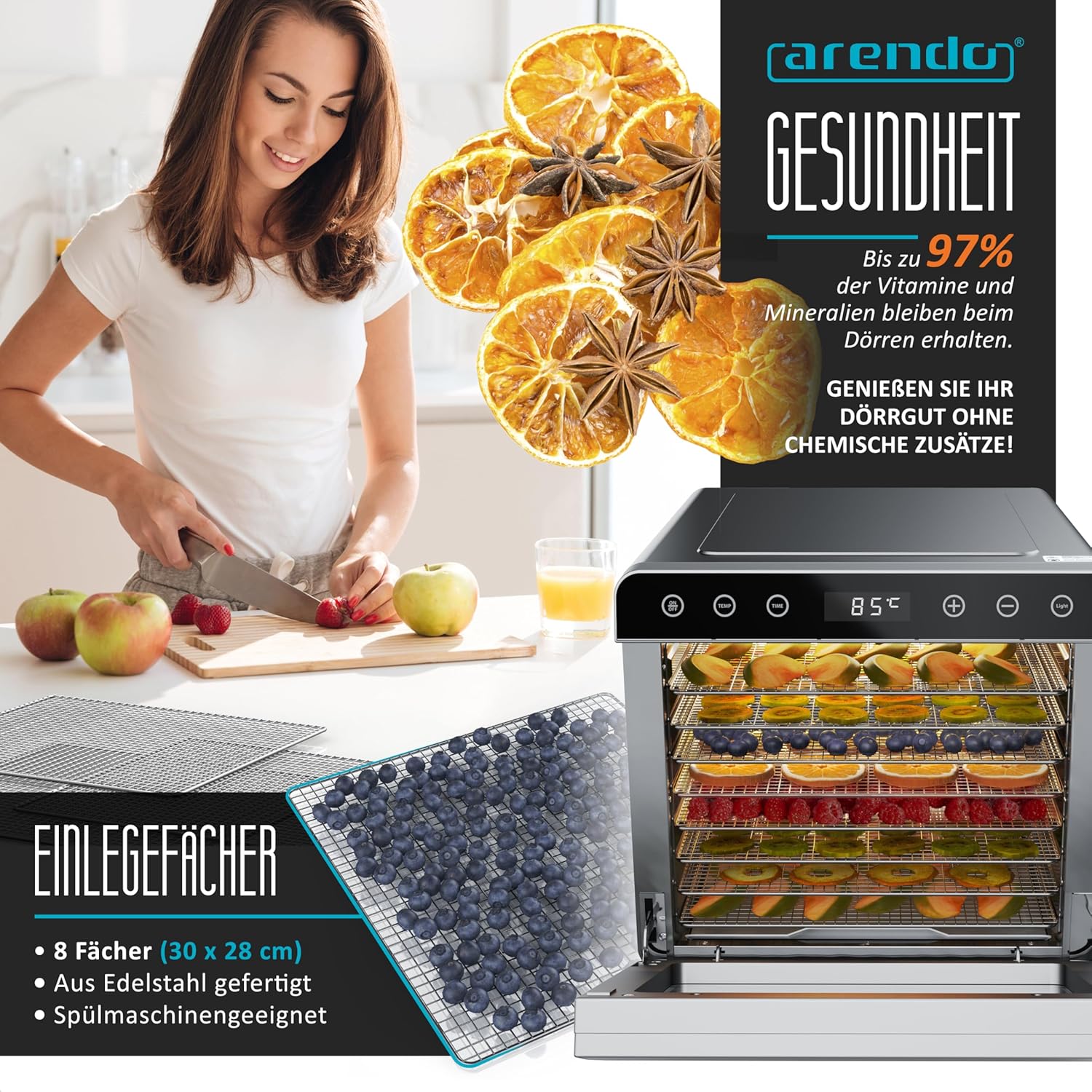 Arendo - Dörrautomat Edelstahl mit 8 Edelstahlgitter - 700 W - 35°-85°C - 8 Edelstahl Einlegetabletts mit insgesamt 6700 cm² - Dörrgerät Dehydrator Obsttrockner Dörrapparat - Obst Fleisch Pilze uvmk