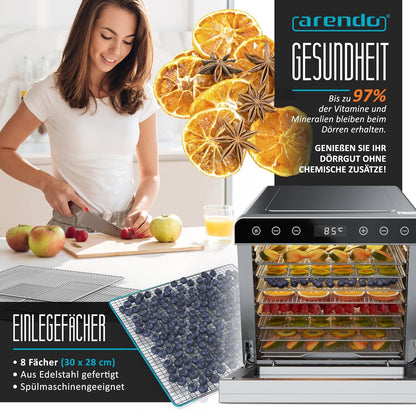 Arendo - Dörrautomat Edelstahl mit 8 Edelstahlgitter - 700 W - 35°-85°C - 8 Edelstahl Einlegetabletts mit insgesamt 6700 cm² - Dörrgerät Dehydrator Obsttrockner Dörrapparat - Obst Fleisch Pilze uvmk