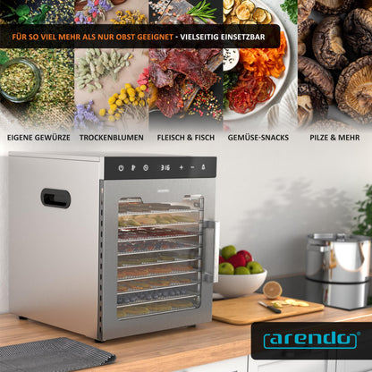 Arendo - Stainless steel dehydrator 8-fold - 500 watts with temperature control - dehydrator for food meat fruits fruit mushrooms - timer up to 24 hours - 8 compartments - GS - dehydratork