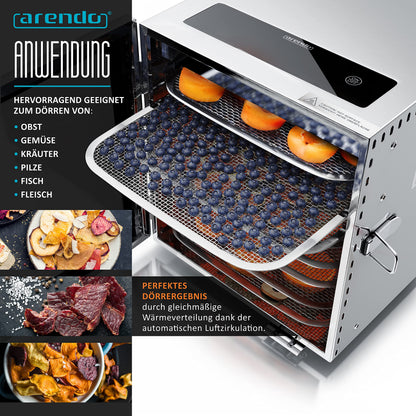 Arendo - Stainless steel dehydrator 8-fold - 500 watts with temperature control - dehydrator for food meat fruits fruit mushrooms - timer up to 24 hours - 8 compartments - GS - dehydratork