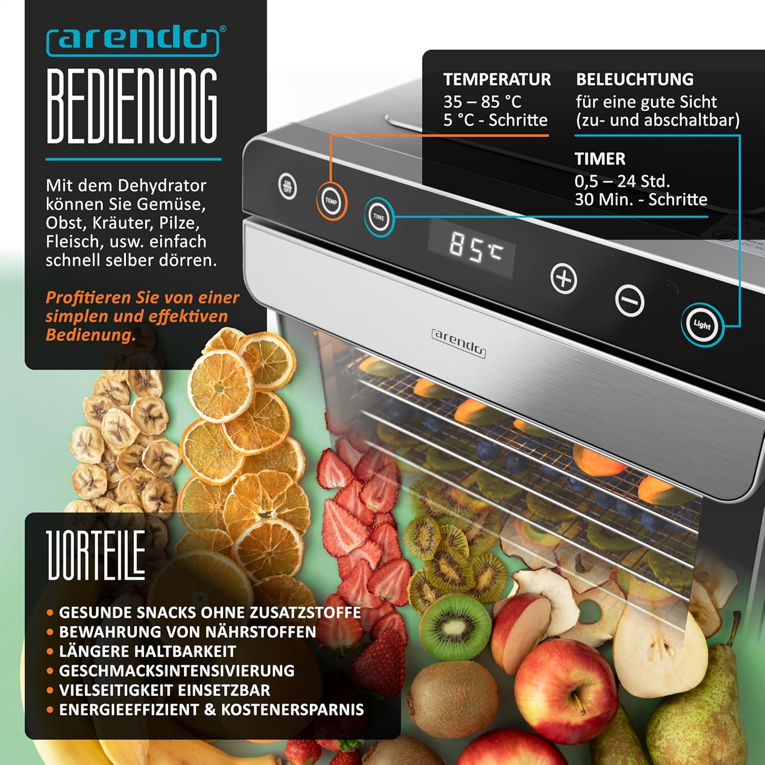 Arendo - Dörrautomat Edelstahl mit 8 Edelstahlgitter - 700 W - 35°-85°C - 8 Edelstahl Einlegetabletts mit insgesamt 6700 cm² - Dörrgerät Dehydrator Obsttrockner Dörrapparat - Obst Fleisch Pilze uvmk