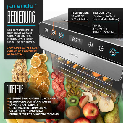 Arendo - Dörrautomat Edelstahl mit 8 Edelstahlgitter - 700 W - 35°-85°C - 8 Edelstahl Einlegetabletts mit insgesamt 6700 cm² - Dörrgerät Dehydrator Obsttrockner Dörrapparat - Obst Fleisch Pilze uvmk