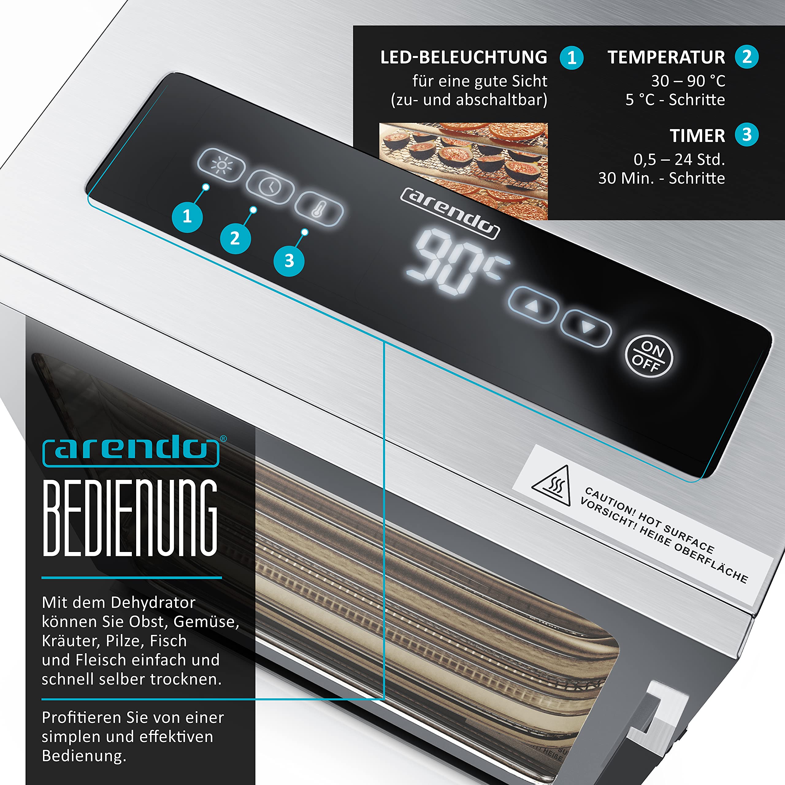 Arendo - Stainless steel dehydrator 8-fold - 500 watts with temperature control - dehydrator for food meat fruits fruit mushrooms - timer up to 24 hours - 8 compartments - GS - dehydratork