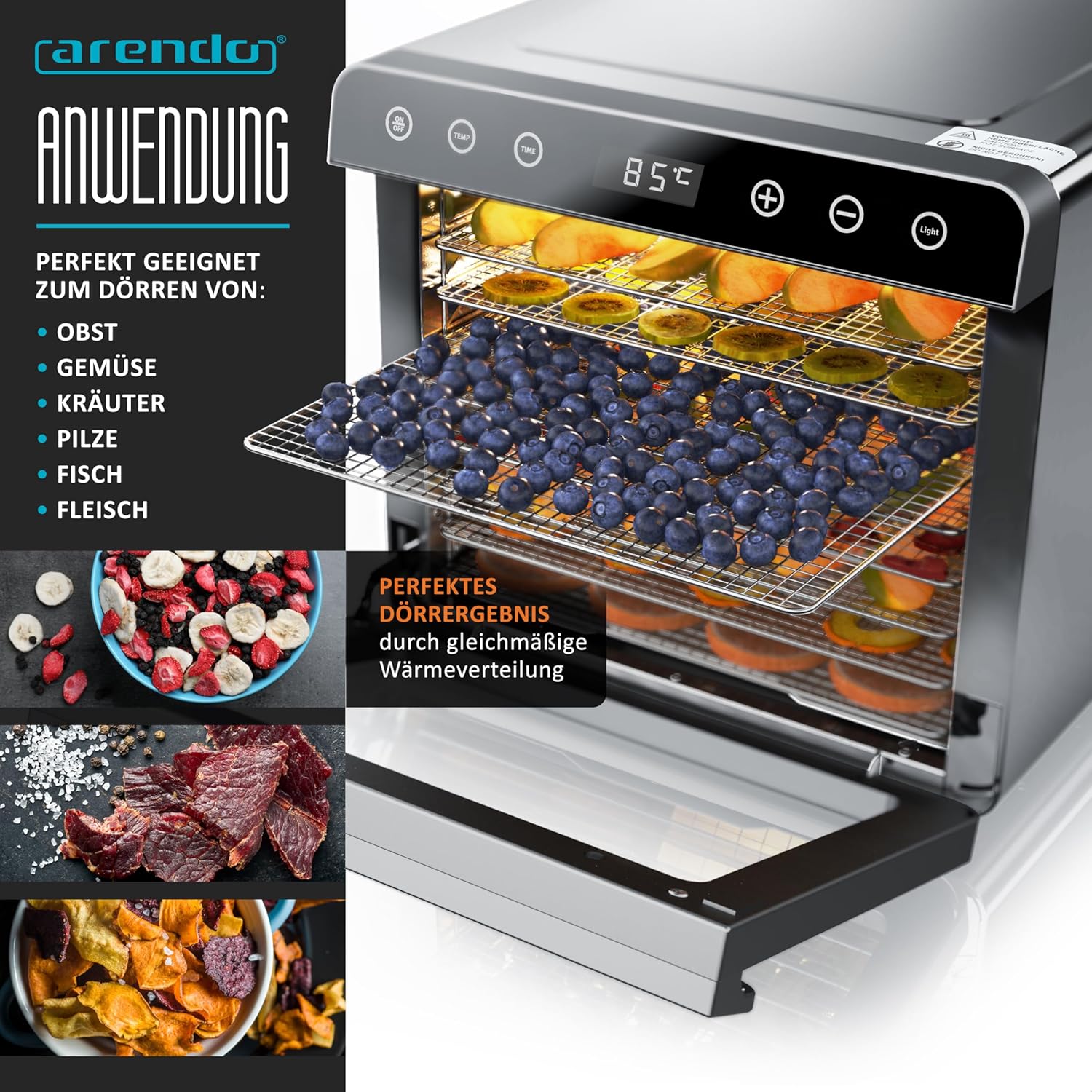 Arendo - Dörrautomat Edelstahl mit 8 Edelstahlgitter - 700 W - 35°-85°C - 8 Edelstahl Einlegetabletts mit insgesamt 6700 cm² - Dörrgerät Dehydrator Obsttrockner Dörrapparat - Obst Fleisch Pilze uvmk