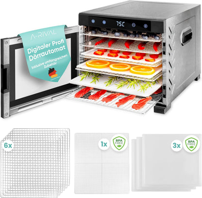 A-rival Dehydrator, Stainless Steel Dehydrator, Touch Control, Professional Dehydrator Stainless Steel, 24 Hour Timer, 6 Drying Trays + 3 Drying Mats, BPA-Free, 35 °C to 75 °C, Quiet Operation, 360°k