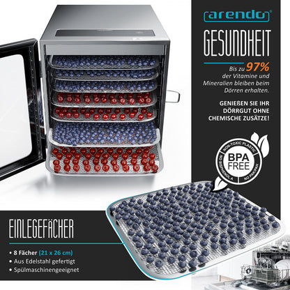 Arendo - Stainless steel dehydrator 8-fold - 500 watts with temperature control - dehydrator for food meat fruits fruit mushrooms - timer up to 24 hours - 8 compartments - GS - dehydratork